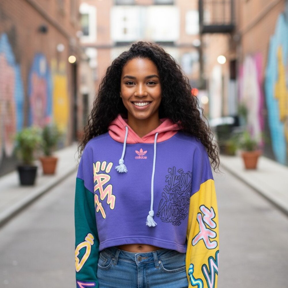 adidas Colorblock Cropped Hoodie in Purple, Pink, Yellow, Green